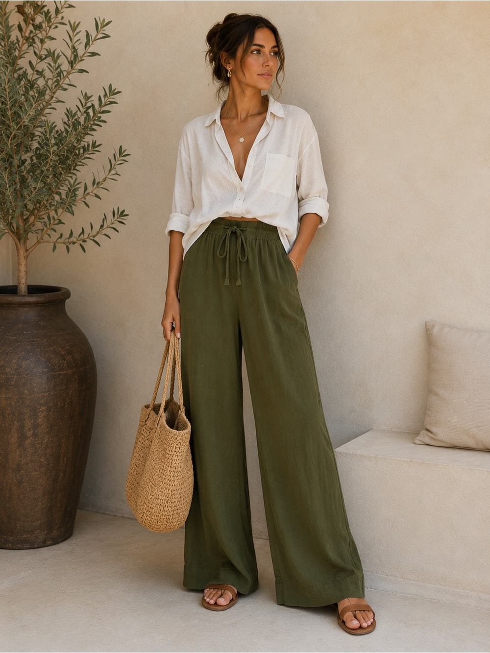 Spanish Boutique Olive Wide Leg Pants European Resort Chic Boho Size M
